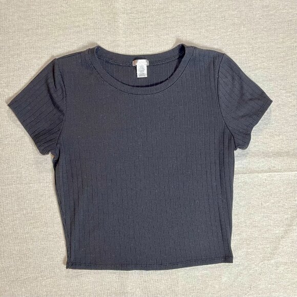 Bozzolo | Black Ribbed Crewneck Short Sleeve Cropped Tee | Large - Picture 1 of 4